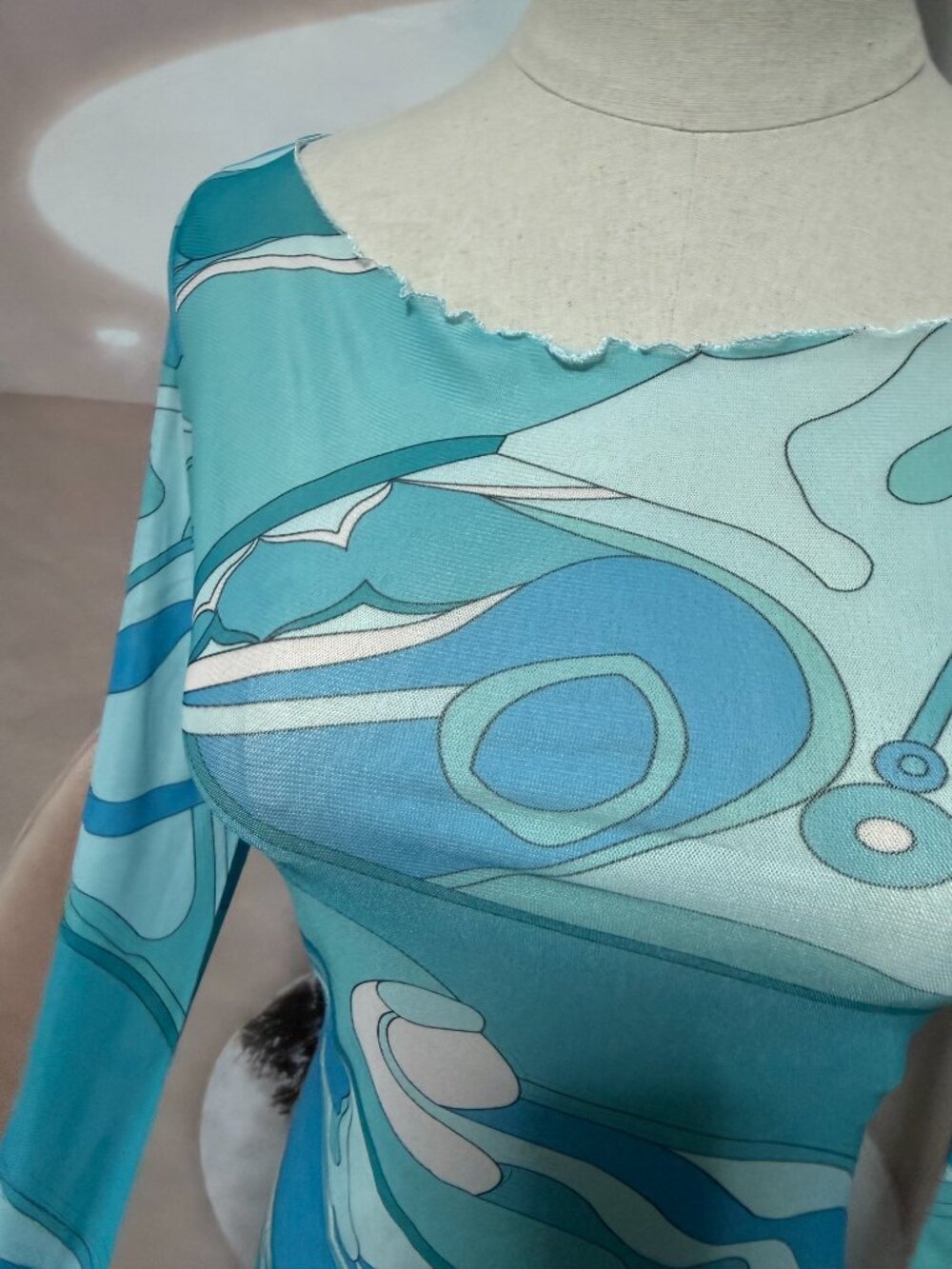 Emilio Pucci Turquoise Swirl-Print Tulle Long-Sleeve Dress - Picture 9 of 13